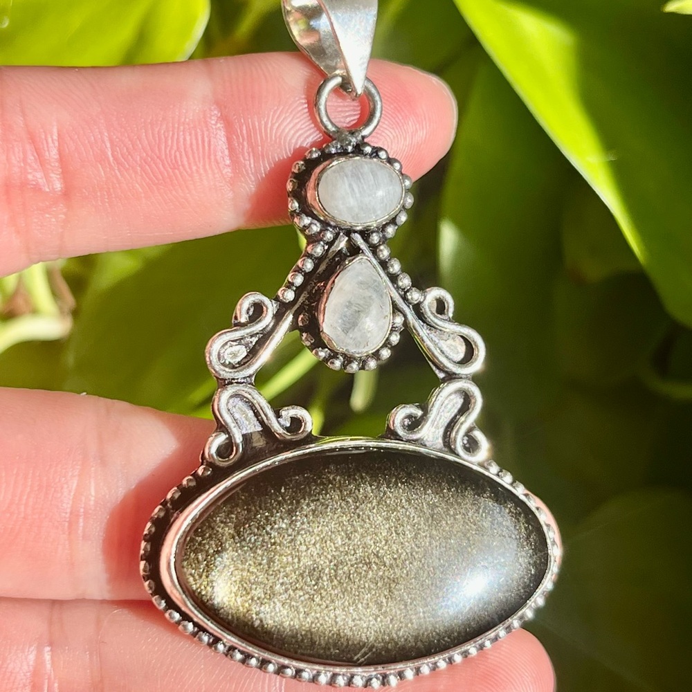 925 silver overlay moonstone gold obsidian pendant